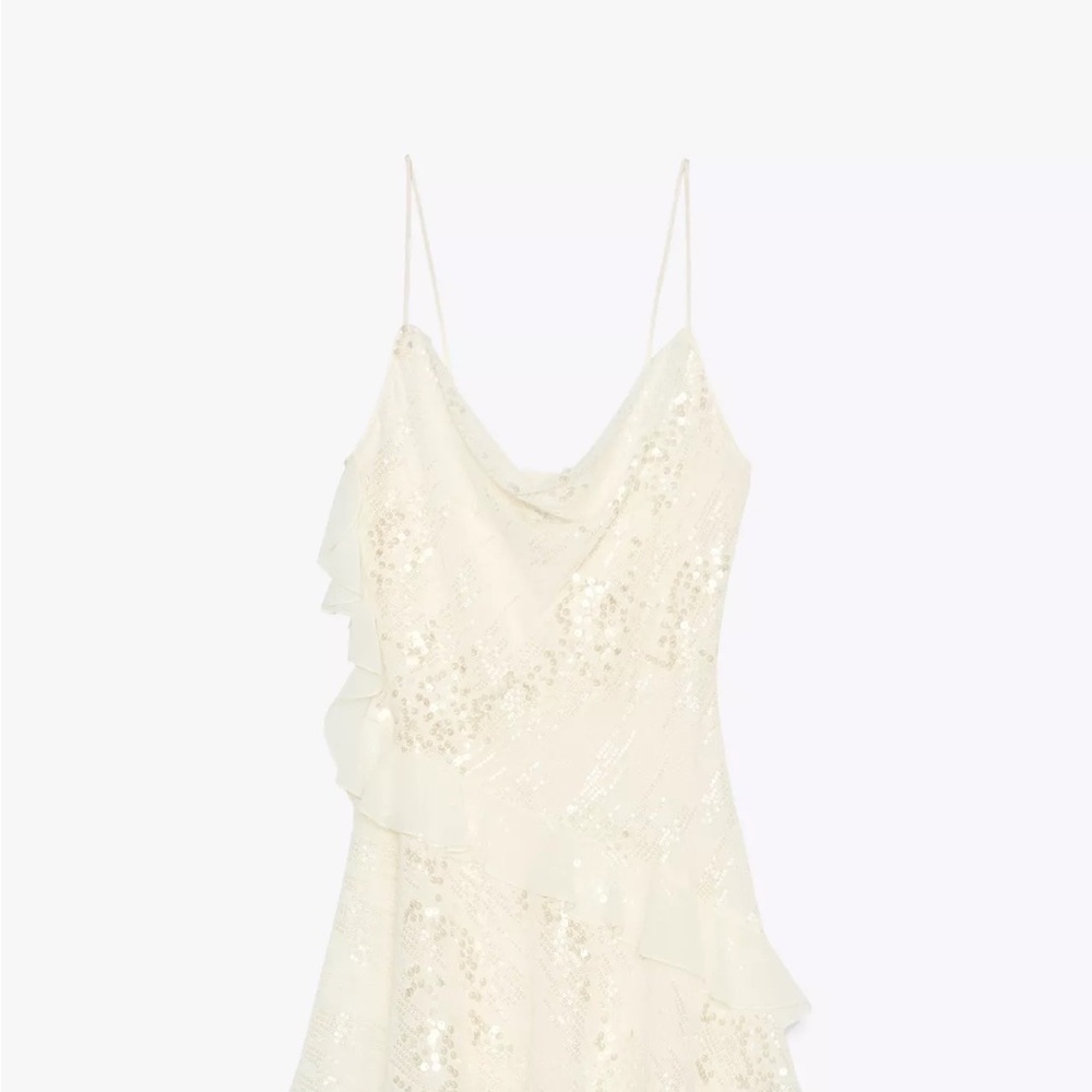 Zara Ivory Sequin Ruffle Cowl Slip Dress